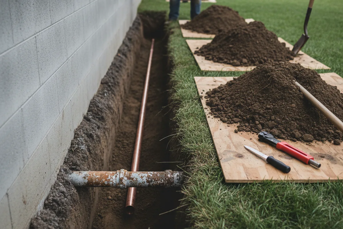 Excavated water line trench during Water Heater Repair in Henriette